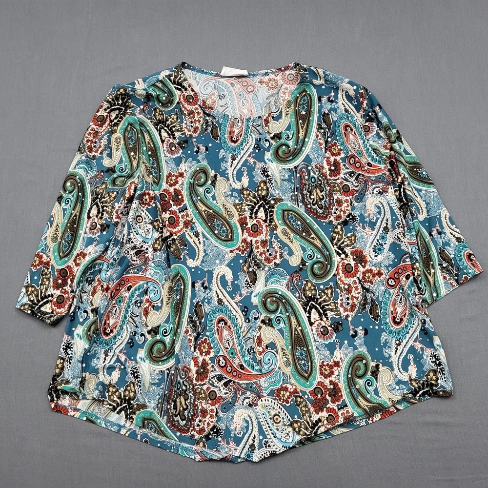 Exclusive One Womens XL Paisley‎ Rhinestone 3/4 Sleeve Top Teal Blue Aztec